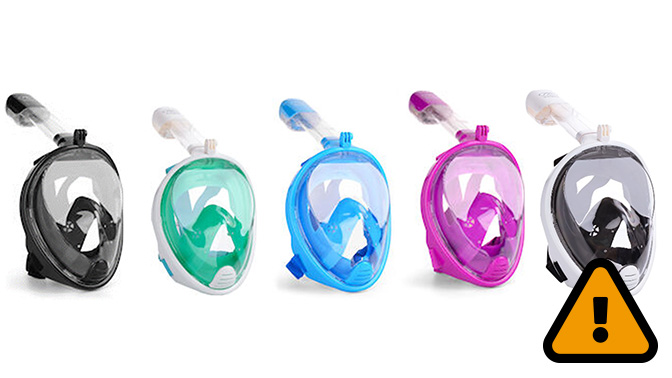 Bilder på fem snorkelmasker i olika färger.